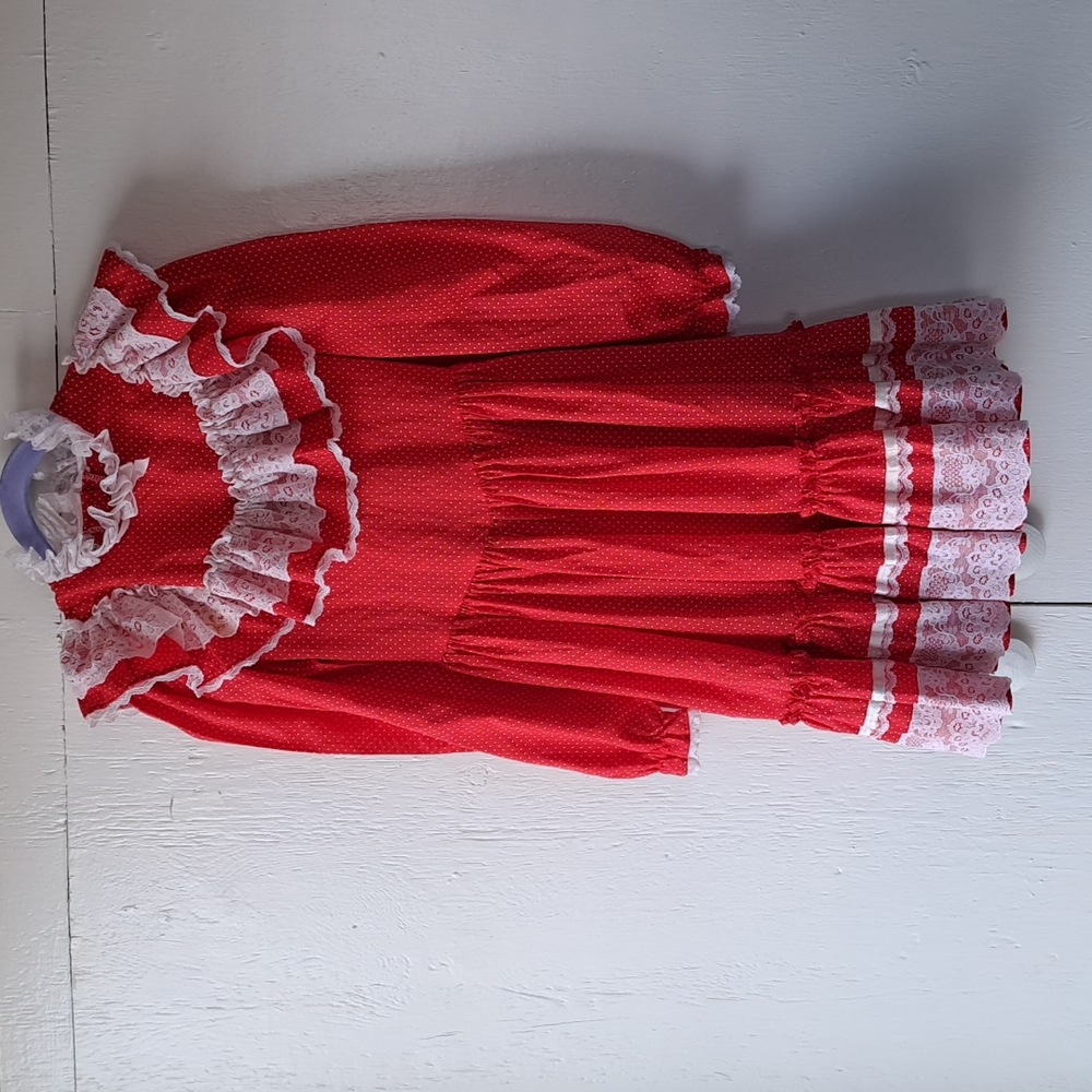 Vintage 80's Mini World Lace & Ruffle Red & White Polka Dot Dress SZ 7